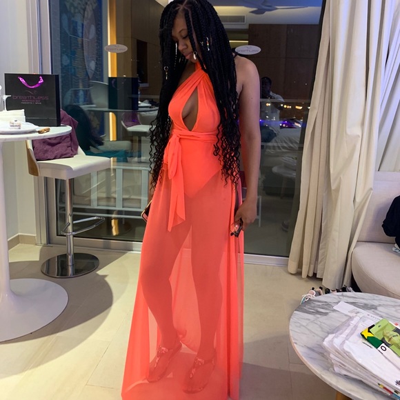 See through Coral dress with attached body suit - Picture 2 of 3